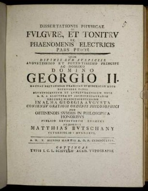 1: Dissertationis Physicae De Fvlgvre Et Tonitrv Ex Phaenomenis Electricis Pars Prior. Pars 1