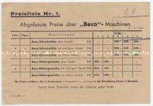 Preisliste Nr. 1 über Beco-Schrotmühlen und Beco-Haferquetschen