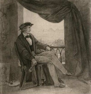 Porträt eines Malers im Atelier vor einer Landschaft : Porträt eines Malers im Atelier vor einer Landschaft. Zeichnung, aquarelliert (um 1820). Wahrscheinlich Dresden: Kupferstich-Kabinett
