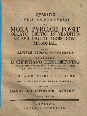 Quaestio iuris controversi An mora purgari possit oblato pretio in venditione sub pacto legis commissoriae