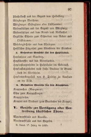 V. Geräthe zur Vertilgung oder Vertreibung schädlicher Thiere