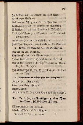 V. Geräthe zur Vertilgung oder Vertreibung schädlicher Thiere