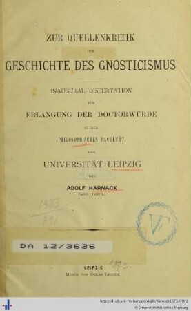 Zur Quellenkritik der Geschichte des Gnosticismus : Inaugural-Dissertation zur Erlangung der Doctorwürde in der Philosophischen Fakultät der Universität Leipzig
