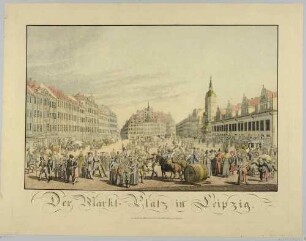 Der Markt in Leipzig von Süden, rechts das Alte Rathaus, im Vordergrund zahlreiche Staffage