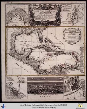 Mappa geographica, complectens I. India Occidentalis partem mediam circum Isthmum Panamensem II. Ipsumque Isthmum III. Ichnographia praecipuorum locorum et portuum ad has terras pertinentium.