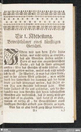 Die I. Abtheilung. Beweißthümer eines künfftigen Gerichts
