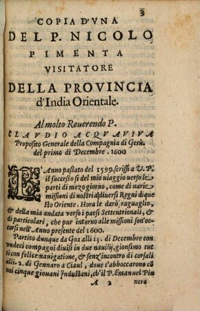 Copia d'Una [lettera] del P. Nicolo Pimenta Visitatore ... al Claudio Acquaviva