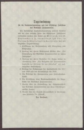 Programm für die Landesversammlung und des 60-jährigen Jubiläums des Badischen Frauenvereins