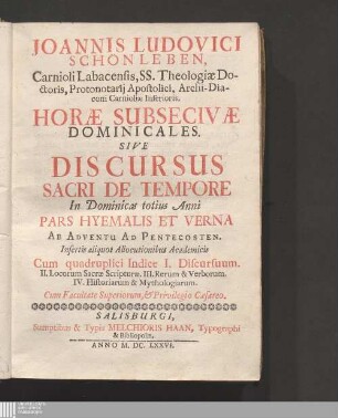 [1]: Pars Hyemalis Et Verna Ab Adventu Ad Pentecosten. : Insertis aliquot Allocutionibus Academicis