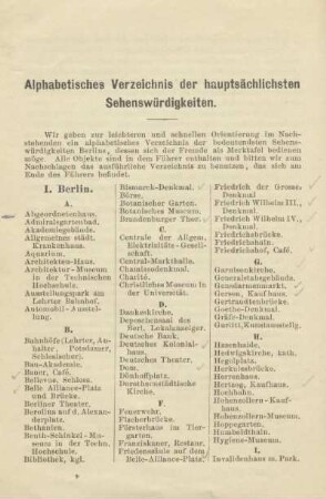 Alphabetisches Verzeichnis der hauptsächlichsten Sehenswürdigkeiten