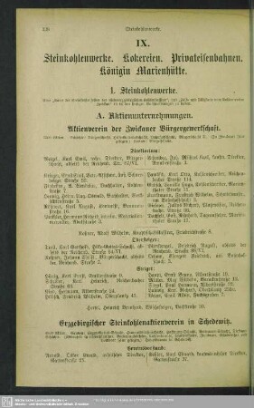 IX. Steinkohlenwerke. Privateisenbahnen. Königin Marienhütte