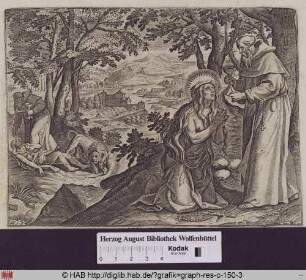 Die Heilige Maria von Ägypten erhält einen Kelch von einem Mönch, links wird sie von einem Löwen und dem Mönch Zosimus begraben.