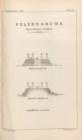 Plate IX. Polonnaruwa. Privy Council Chamber. Front elevation. Section trough C.D.