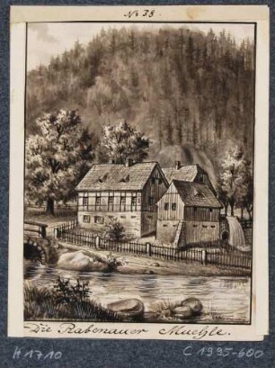 Die Rabenauer Mühle am linken Ufer der Roten Weißeritz, Nr. 38 aus J. F. W. Wegeners Mappe "Die rothe Weißeritz", 2. Teil, von 1837