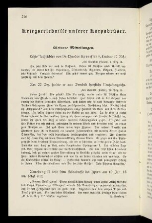 216-229, Kriegserlebnisse unserer Korpsbrüder. Kleinere Mitteilungen