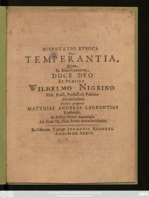 Disputatio Ethica De Temperantia