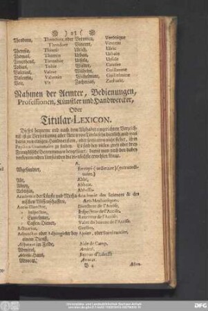 Nahmen der Aemter, Bedienungen, Professionen, Künstler und Handwercker, Oder Titular-Lexicon.