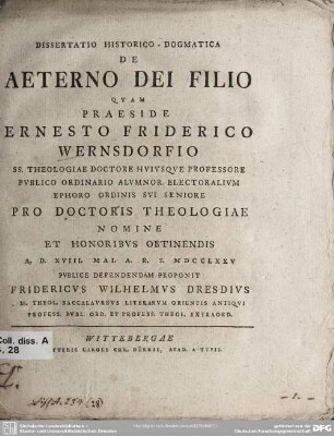 Dissertatio Historico-Dogmatica De Aeterno Dei Filio