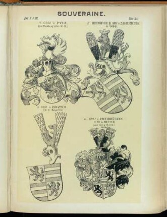 Taf. 83. 1. Graf v. Pycz. (n.d. Puchberg'schen W.-B.) - 2. Heinrich II. Graf v. Z.-B.-Ochsenstein +1499. - 3. Graf v. Biczsch. (W.-B. Mayerfels) - 4. Graf v. Zweibrücken Herr zu Bitsch (nach Georg Brentel.) 1584