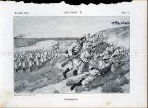 Uniformdarstellung, Soldaten der Marine-Artillerie und der Marine-Infanterie beim Landungsgefecht, Deutsches Kaiserreich, 1910/1912. Tafel 12 aus: Knötel: Deutsches Reich, Unsere Marine II.