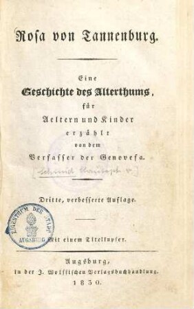 Rosa von Tannenburg : eine Geschichte des Alterthums ; mit einem Titelkupfer
