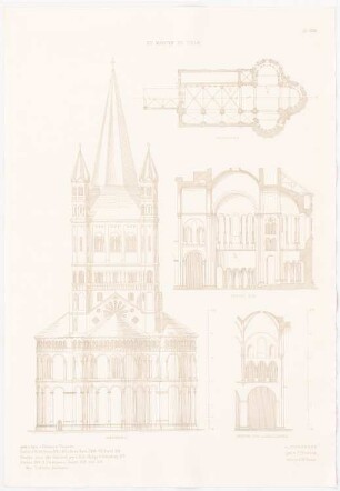 St. Martin, Köln: Ansicht, Grundriss, Querschnitt, Detail (aus: Altchristl. u. roman. Baukunst, hrsg. v. Zeichenaussch. d. Stud. d. TH Berlin, 1875)