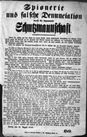Spionerie und falsche Denunciation durch die sogenannte Schutzmannschaft. (Sammlung Friedlaender)