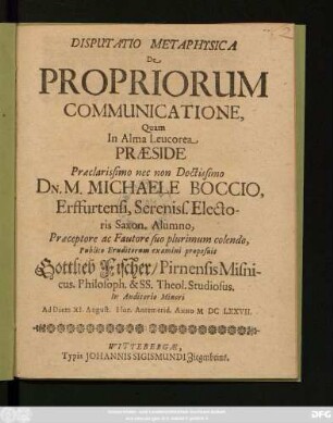 Disputatio Metaphysica De Propriorum Communicatione