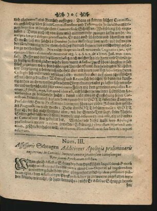 Num. III. Assessoris Schragen Additiones Apologiae praeliminaris nuperrimè in Comitiis Imperii contra praetensam vitiosamque Retorsionem Pyrckianam exhibitae