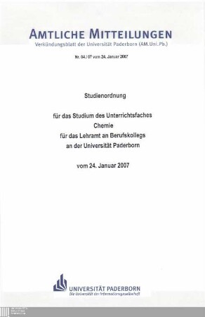 Studienordnung für das Studium des Unterrichtsfaches Chemie für das Lehramt an Berufskollegs an der Universität Paderborn : vom 24. Januar 2007