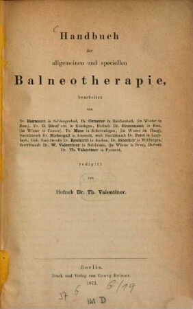 Handbuch der allgemeinen und speciellen Balneotherapie