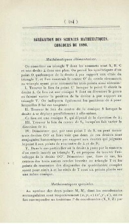 Agrégation des Sciences Mathématiques. Cincours de 1898.