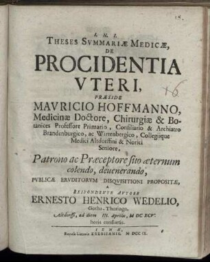 Theses Svmmariae Medicae, De Procidentia Vteri