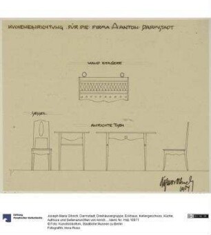 Darmstadt, Dreihäusergruppe, Eckhaus, Kellergeschoss, Küche, Aufrisse und Seitenansichten von Anrichtetisch und Stuhl sowie Aufriss eines weiteren Wandbordes