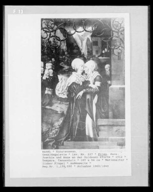 Marienaltar, linker Altarflügel, Außenseite: Joachim und Anna an der Goldenen Pforte