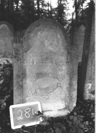 Grabstein 284 (Index: 99894602) Material: Sandstein Zustand: teilweise abgeblättert Maße HxBxT: 87x55x8 cm Beschreibung: Stele mit eingezogenem Rundbogenabschluss: Grabstein 284
