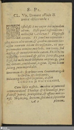 S. Pl. CL. Vir, domine affinis & amice observande
