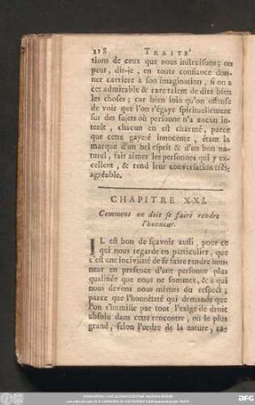 Chapitre XXI. Comment on doit se faire rendre l'honneur.