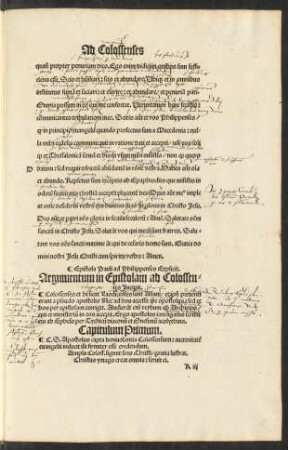Argumentum in Epistolam ad Colossenses Incipit.
