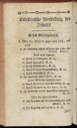 Tabellarische Vorstellung des Inhalts.