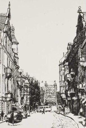 Elb-Brücke "Blaues Wunder" im Herbst : Hassebrauk, Ernst: Elb-Brücke "Blaues Wunder" im Herbst. Feder, Tusche. 1953. Positivvorlage: SLUB, Nachlass, Hassebrauk, Ernst. Mscr.Dresd.App.2534,839)