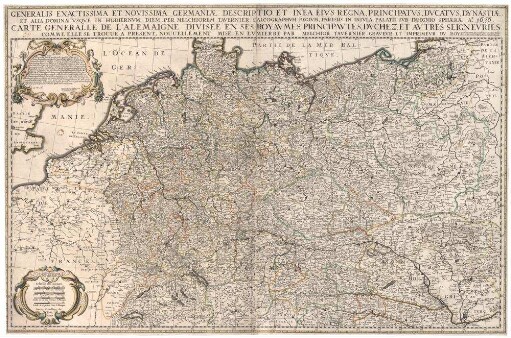 Generalis Exactissima Et Novissima Germaniæ Descriptio Et In Ea Eivs Regna, Principatvs, Dvcatvs, Dynastiæ, Et Alia Dominat[us], Vsqve In Hodiernvm, Per Melchiorem Tavernier, Calcographvm Regivm, Parisiis In Insvla Palatii Svb Insignio Sphæræ Ao. 1638.