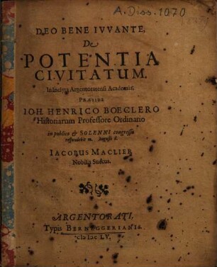 De Potentia Civitatum ... Praeside Ioh. Henrico Boeclero ... respondebit ... Iacobus Maclier Nobilis Suecus