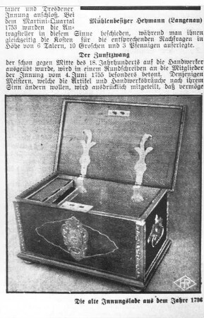 Schöpstal-Ebersbach. Innungslade der Müllerinnung von 1736, aus: Das Handwerk Nr. 8 (1933), Beilage des Neuen Görlitzer Anzeigers
