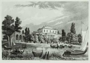 Gasthaus "Zenner" in Berlin-Treptow : Berlin, Gasthaus in Treptow mit Ruderbooten, Stich, 1833