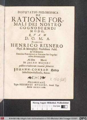 Disputatio Philosophica De Ratione Formali Dei Nostro Cognoscendi Modo