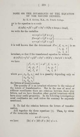 Note on the invariants of the equation of the second degree.