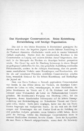 II. Das Hamburger Conservatorium. Seine Entstehung. Entwicklung und heutige Organisation.