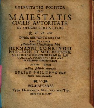 Exercitatio politica de maiestatis civilis autoritate et officio circa leges