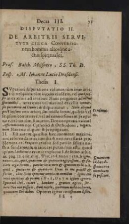 Disputatio II. De Arbitrii Servitute Circa Conversionem hominis aliosque actus spirituales